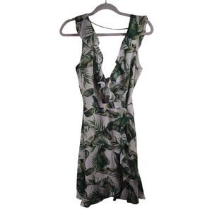 Strut & Bolt Wrap Mini Dress with Foliage Print and Ruffles, Size M